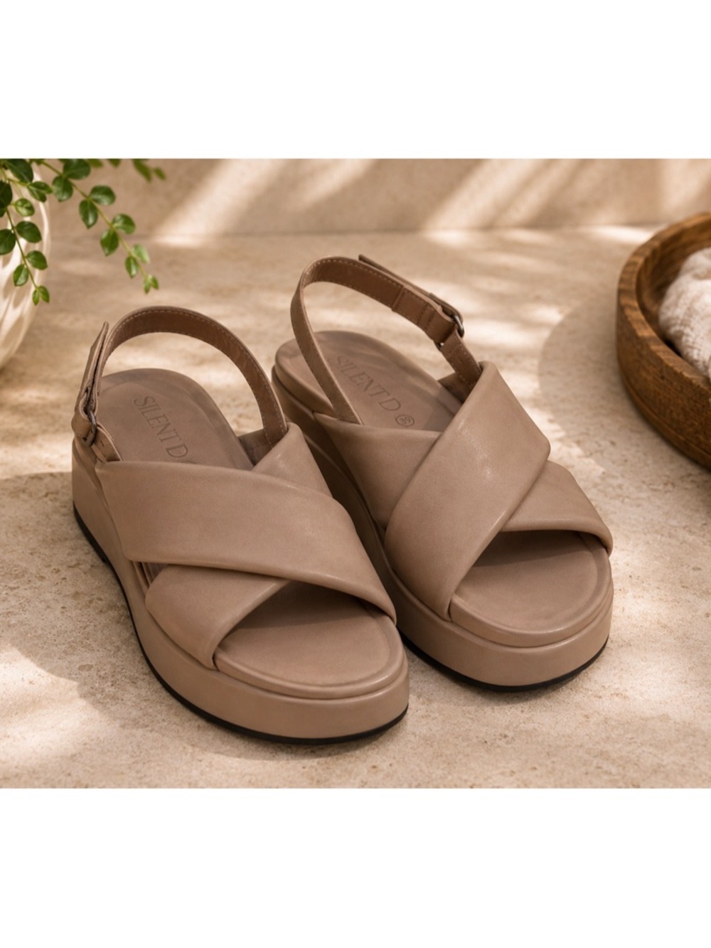 Neutral  Platform Cross-Strap Slingback Sandals